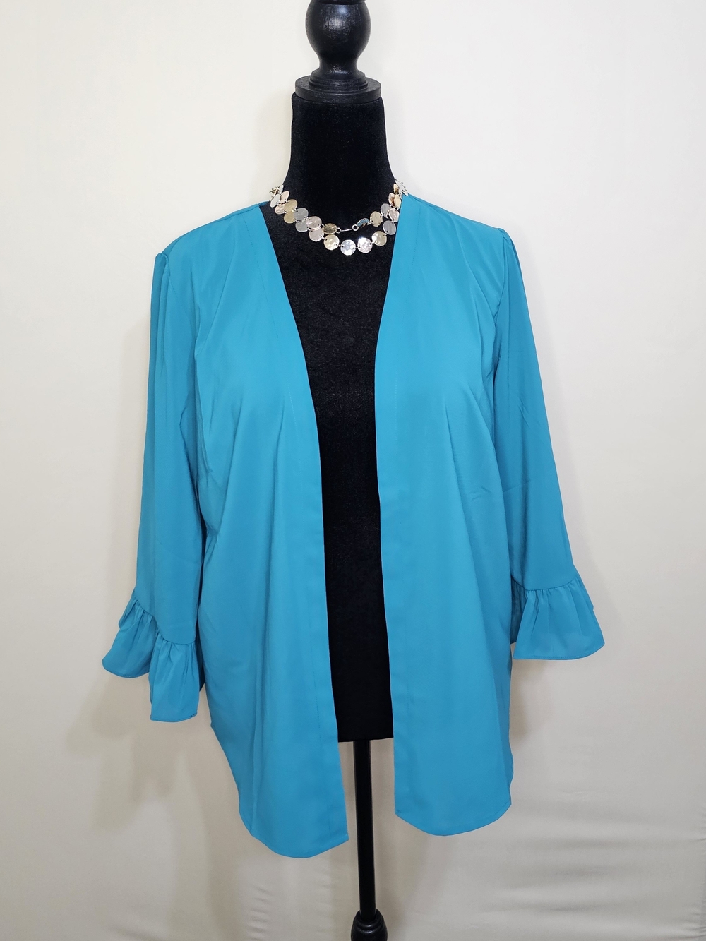 Bob Mackie Wearable Art Turquoise Ruffle Sleeve Open Front Cardigan Sz Med